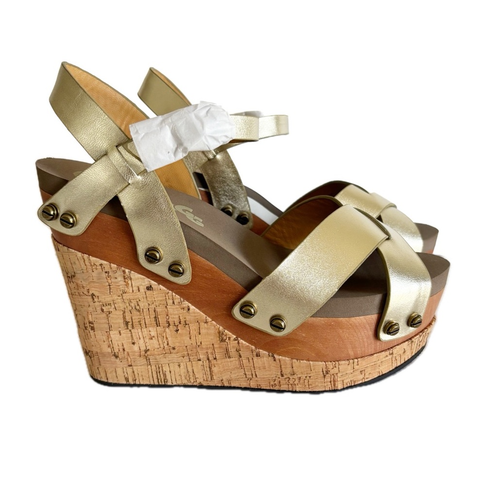 Flogg Clog Wood Platform Wedge Sandal Gold Leather Straps Cork Metal Accents 7